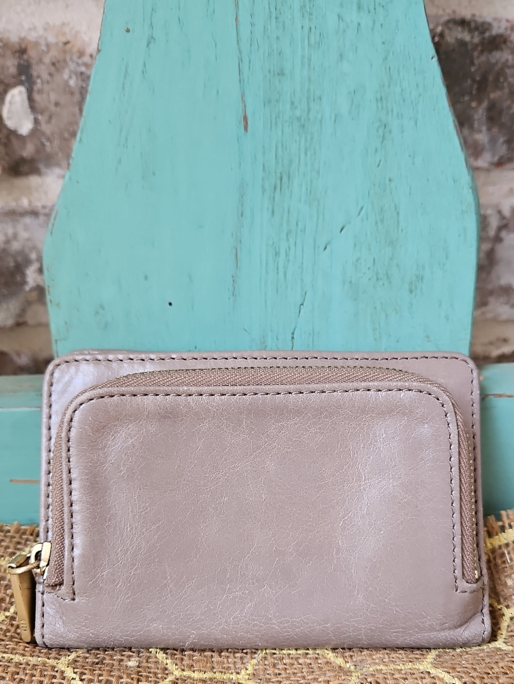 Hobo Taupe Leather Small Spacious Zip Around Wallet